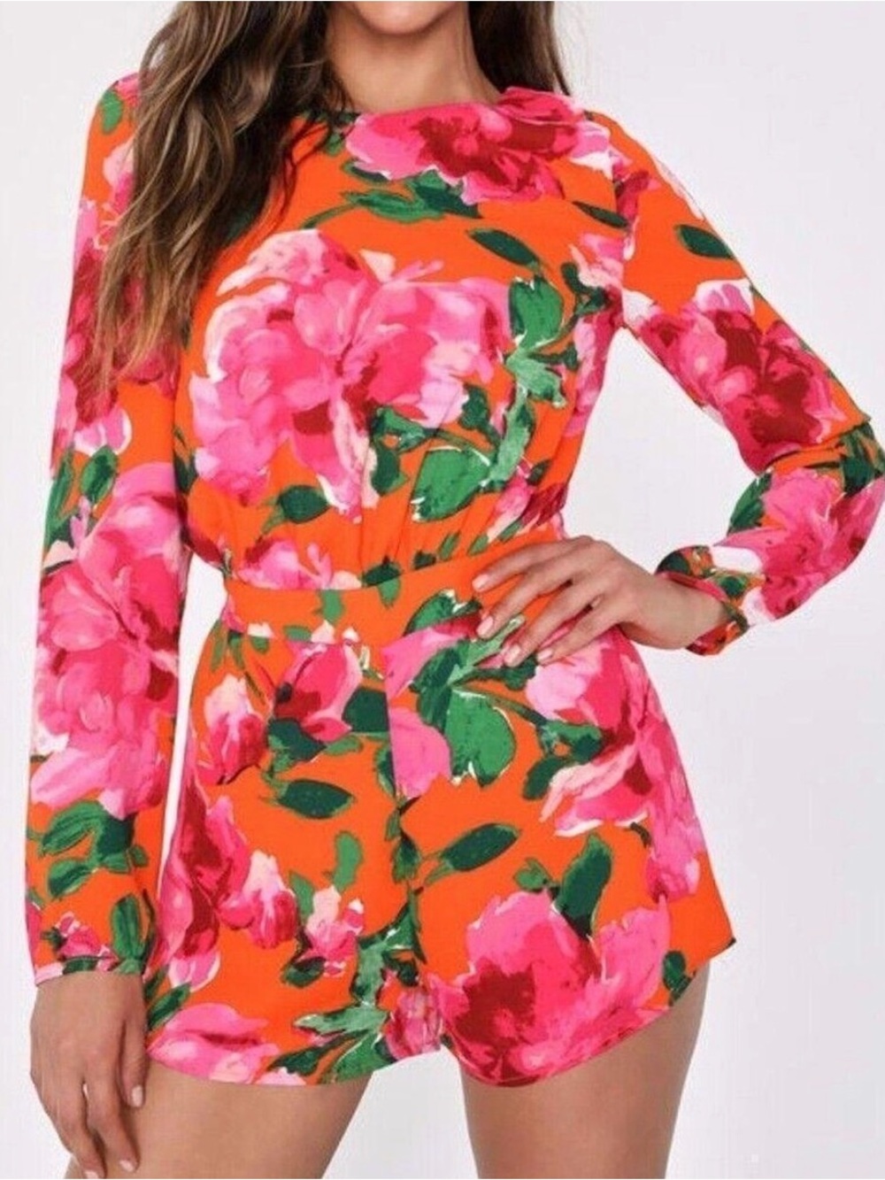 LULU’S Women's Floral Long-Sleeve Romper - Pink & Orange
